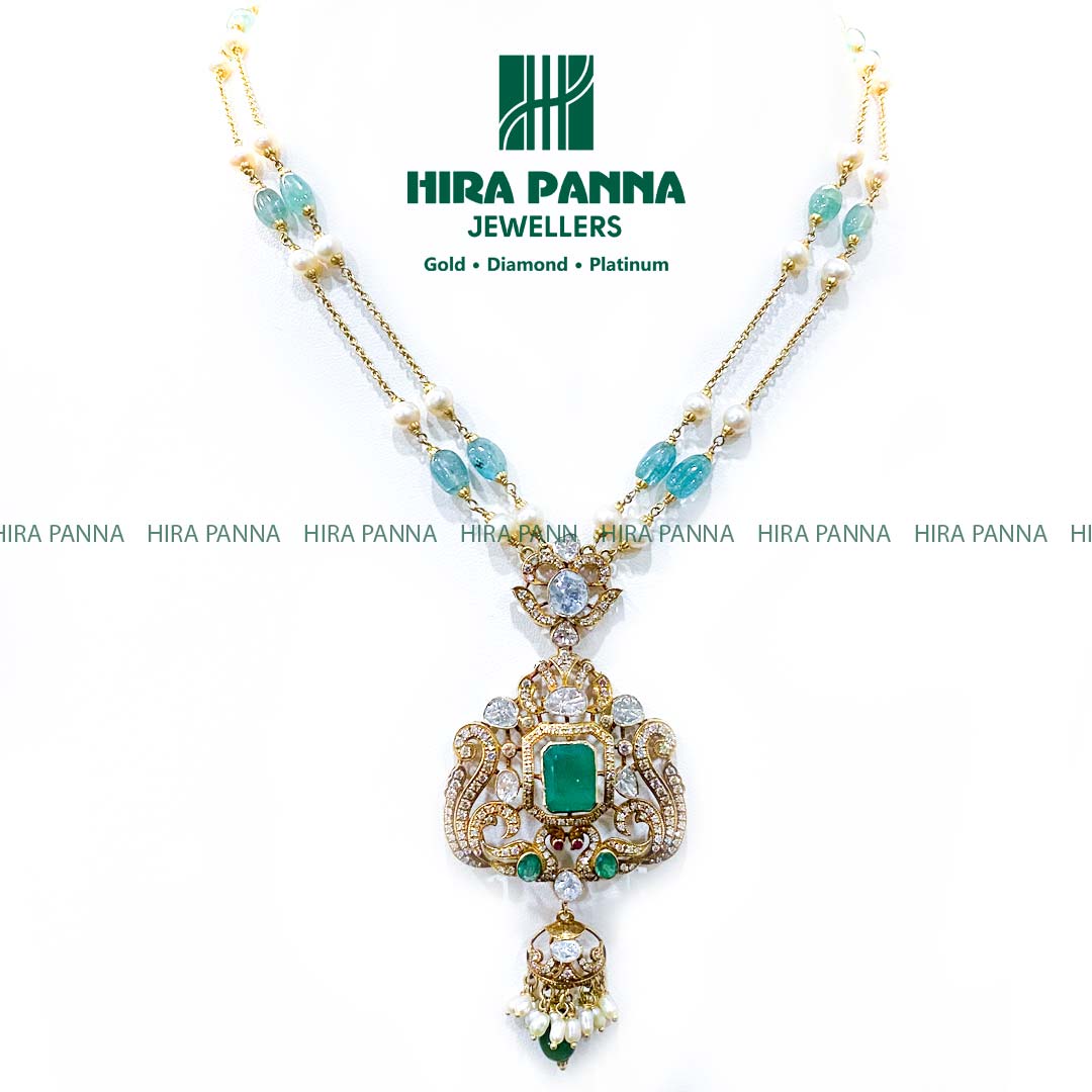 Fancy Victorian Peacock & Emerald Beads Triple Cut Diamond Mala