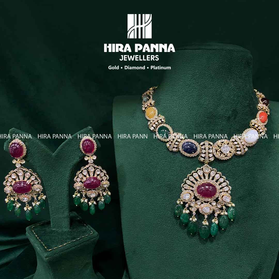Fancy Navaratna Triple Cut Diamond Neckwear Set