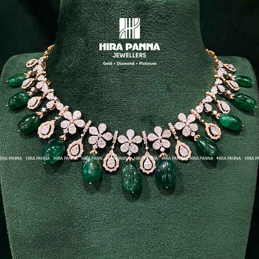 Fancy Open Setting Emerald Beads Diamond Neckwear