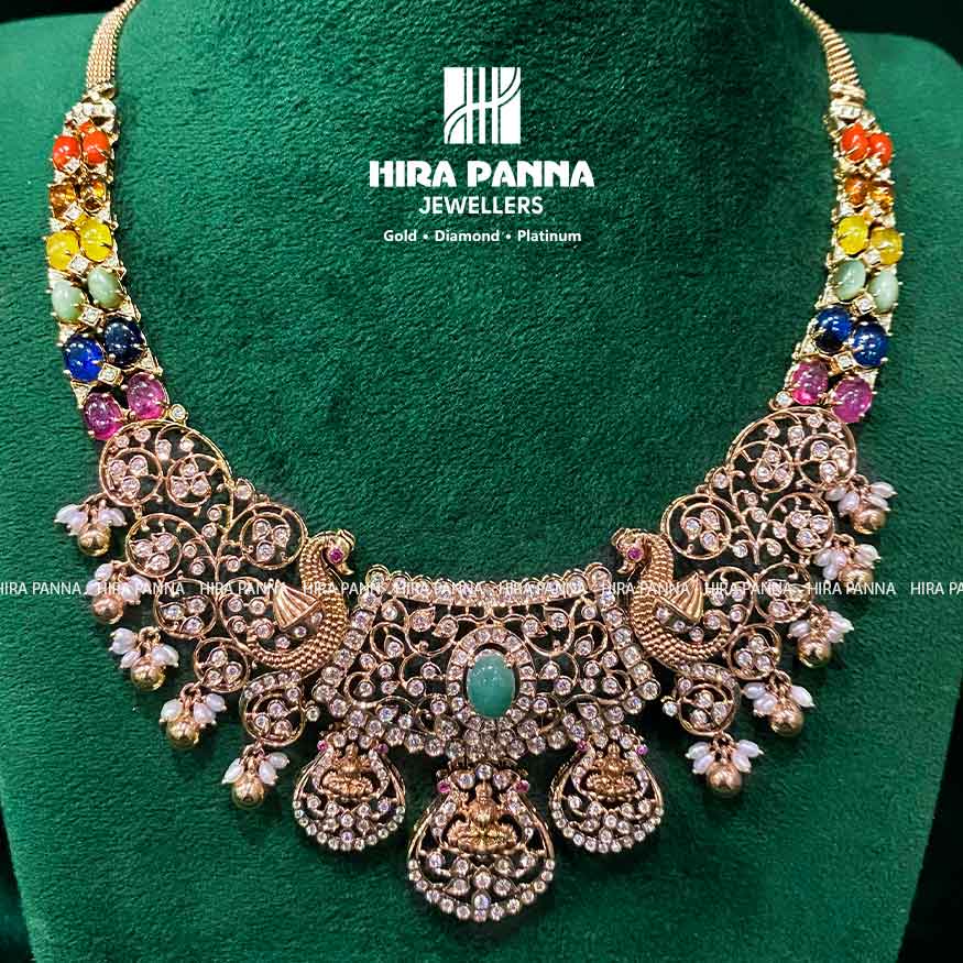 Traditional Open Come Close Setting Navaratna Lakshmi Devi & Peacock Neckwear