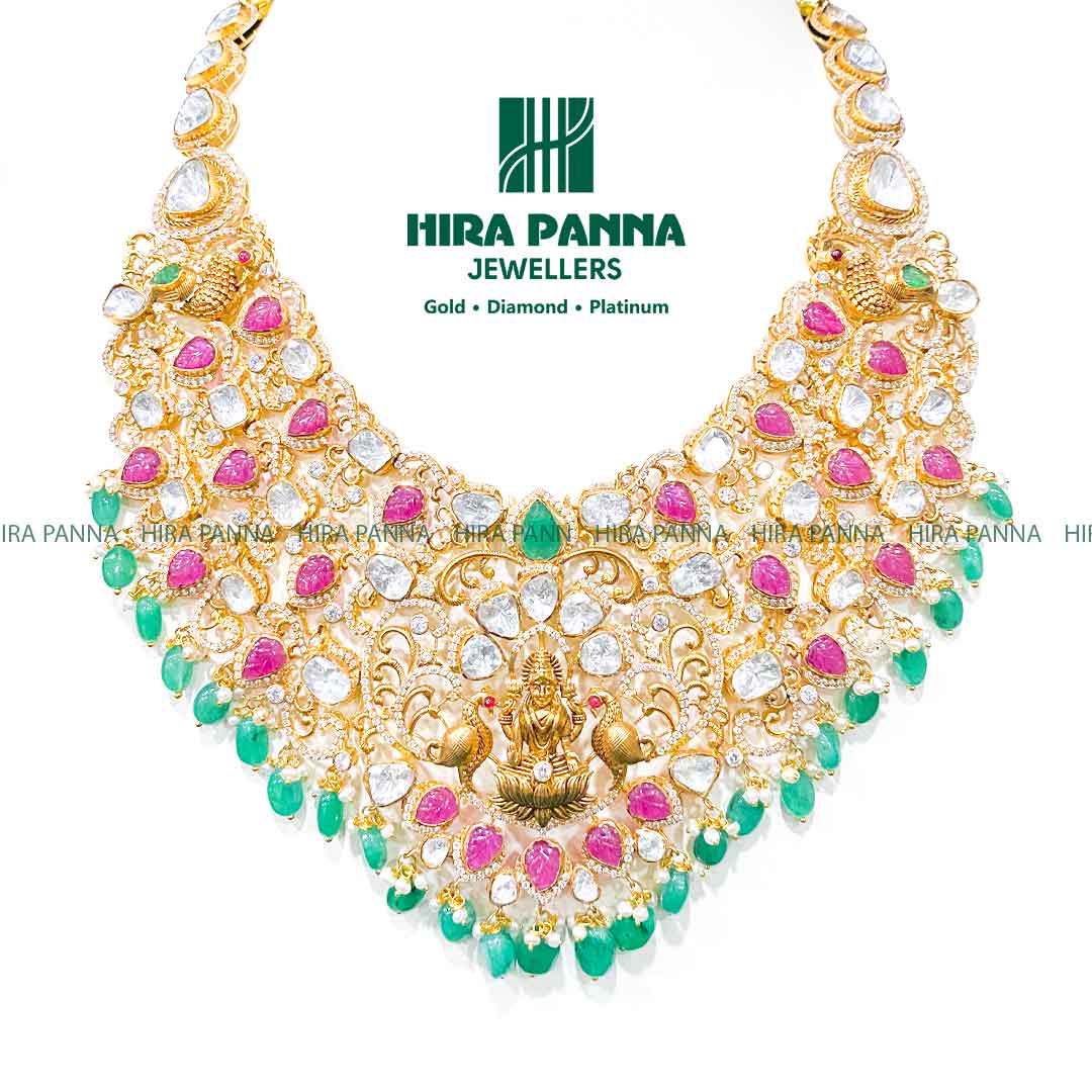 Fancy Lakshmi Devi & Morganite, Ruby & Emerald Beads 3/4 Haram