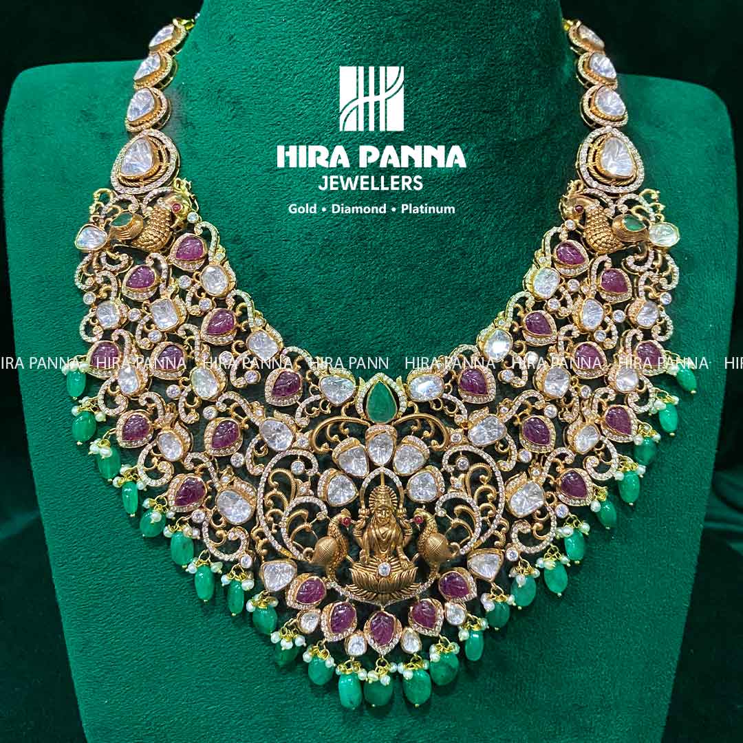 Fancy Lakshmi Devi & Morganite, Ruby & Emerald Beads 3/4 Haram