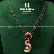 Fancy Victorian Peacock & Ruby Black Beads Triple Cut Diamond Mala