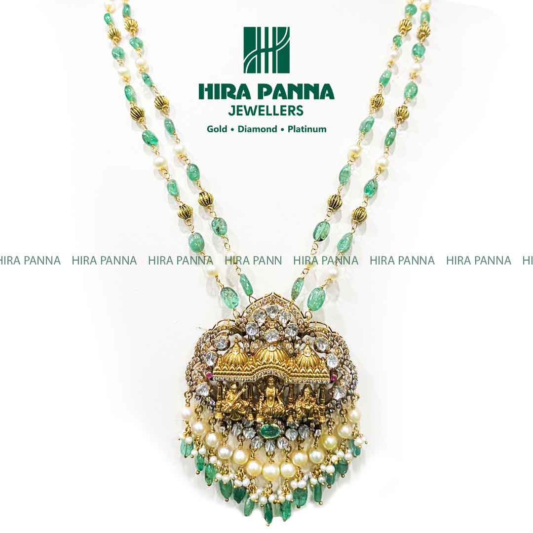 Lakshmi Devi, Sarasvati, Ganesh & Emerald Beads Triple Cut Diamond Pendant Set Mala