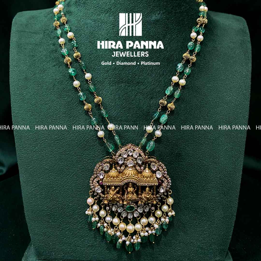 Lakshmi Devi, Sarasvati, Ganesh & Emerald Beads Triple Cut Diamond Pendant Set Mala