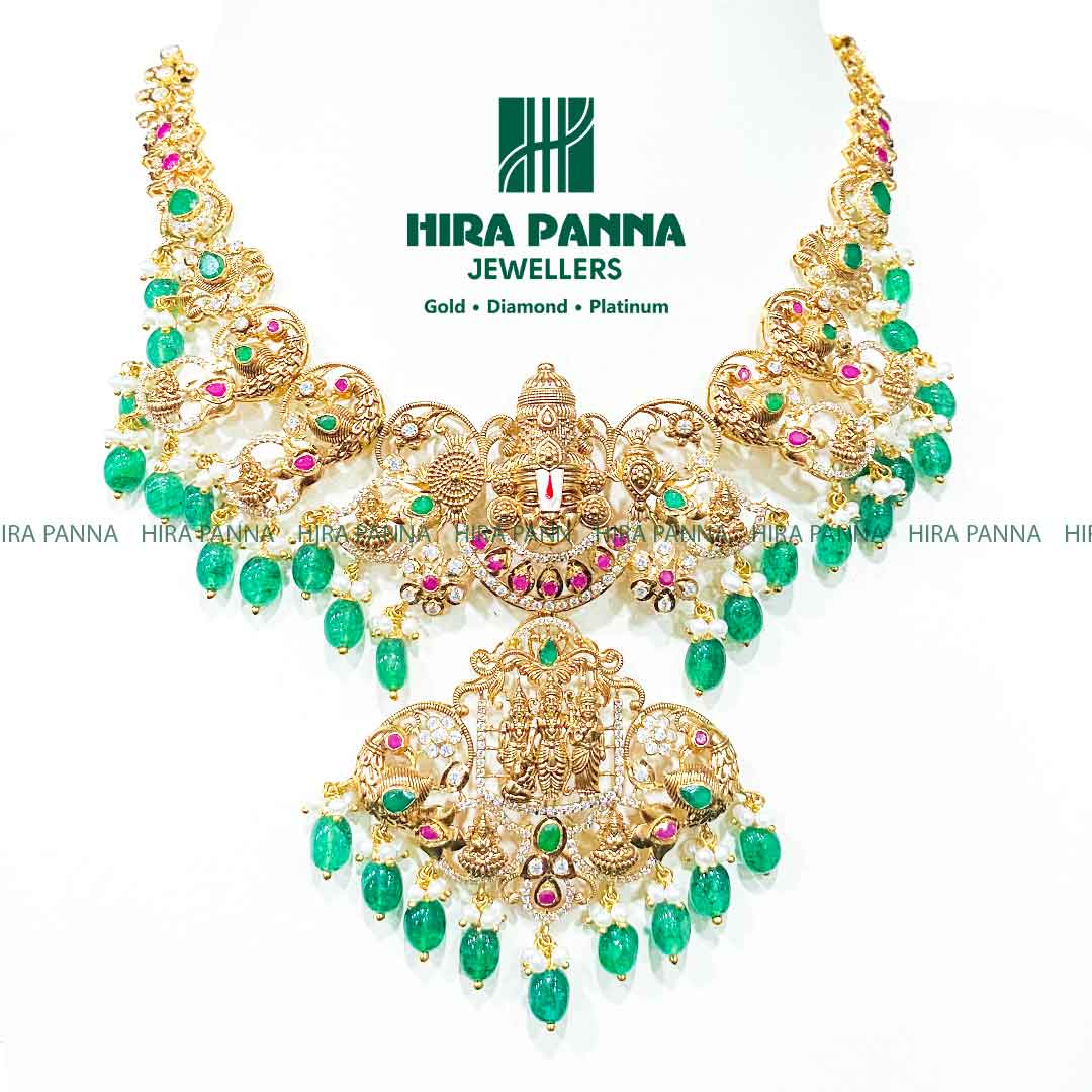 Swarovski 3D Venkateshwara & Ram Parivar Emerald Beads Necklace