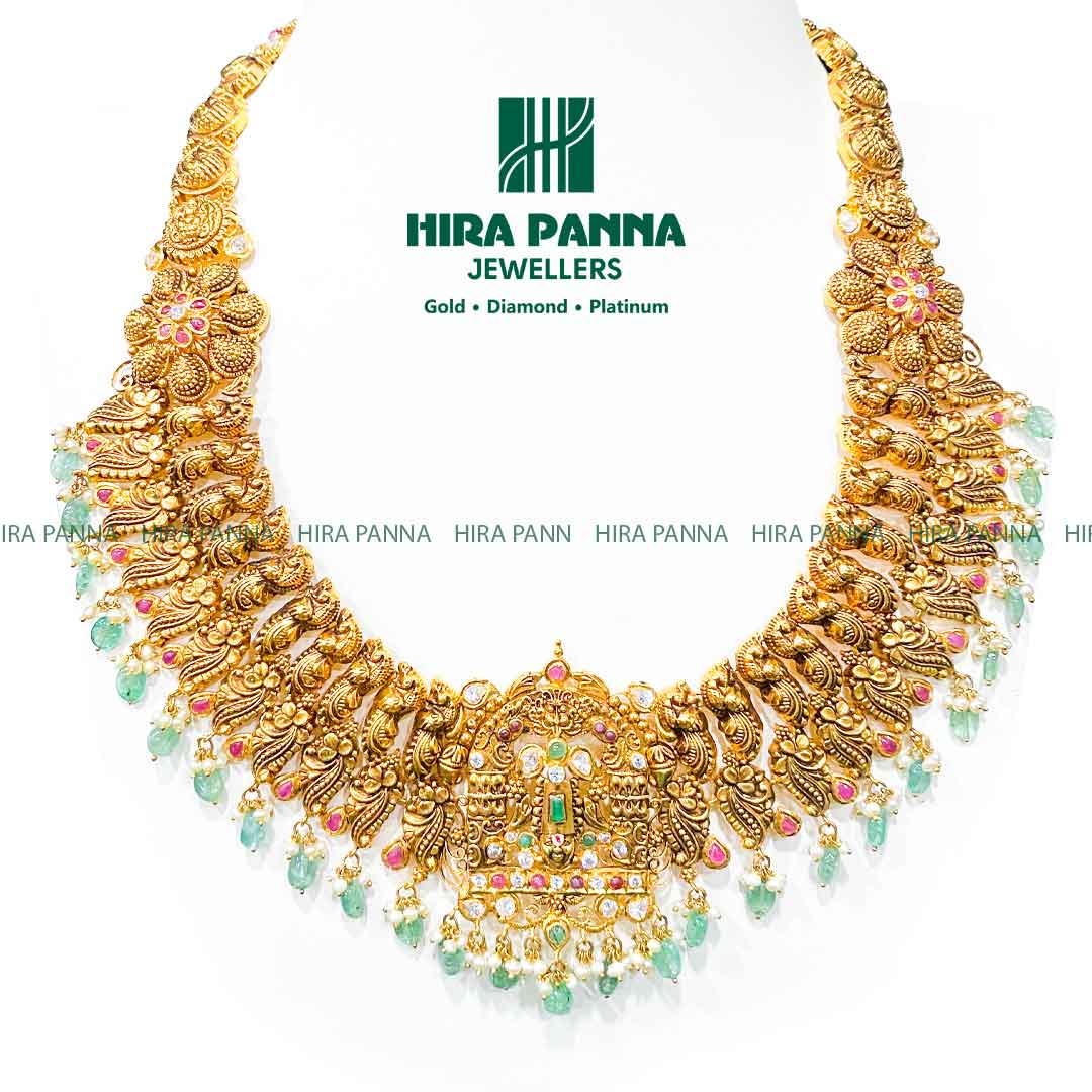 Antique Venkateshwara & Peacock Emerald Beads Haram