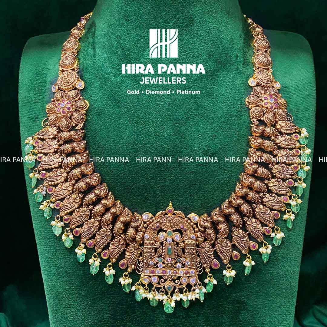 Antique Venkateshwara & Peacock Emerald Beads Haram