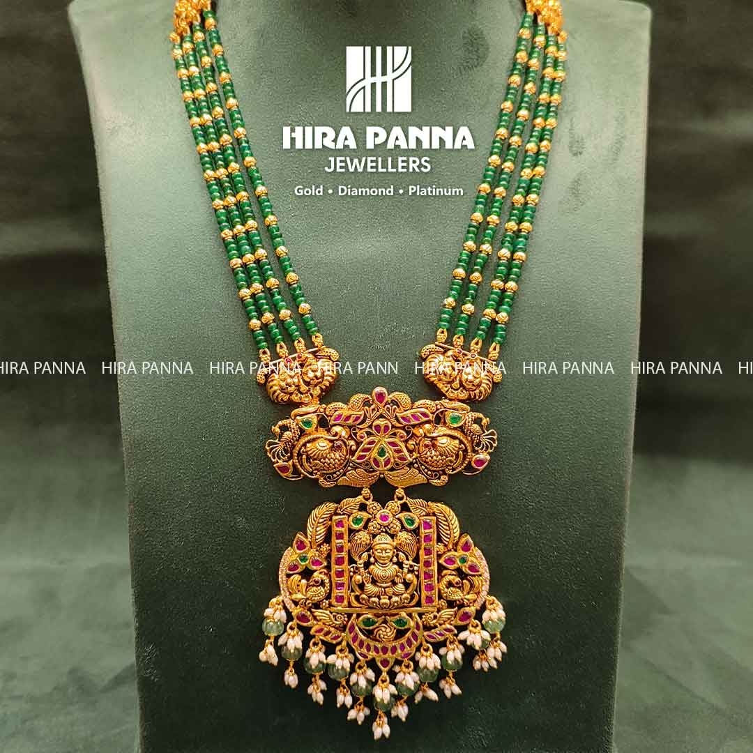 Antique Lakshmi Devi & Peacock Emerald Beads Haram